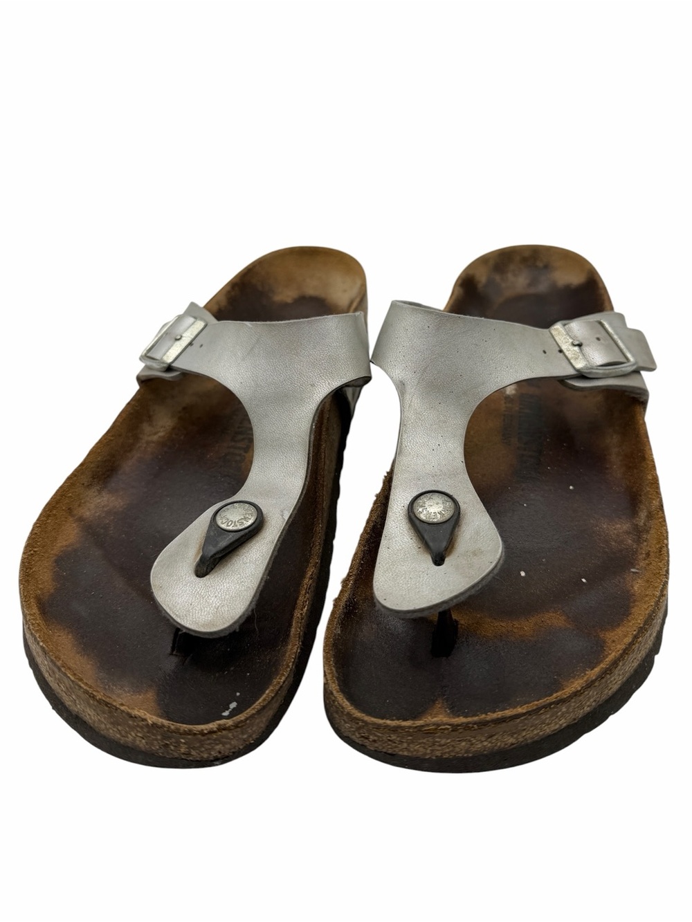 Birkenstock Silver Leather Thong Style Sandal with Cork Footbed - Size 43
